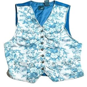 Vintage Liz Wear Denim Lined Floral Vest Y2K Style Women’s Large adjustable back